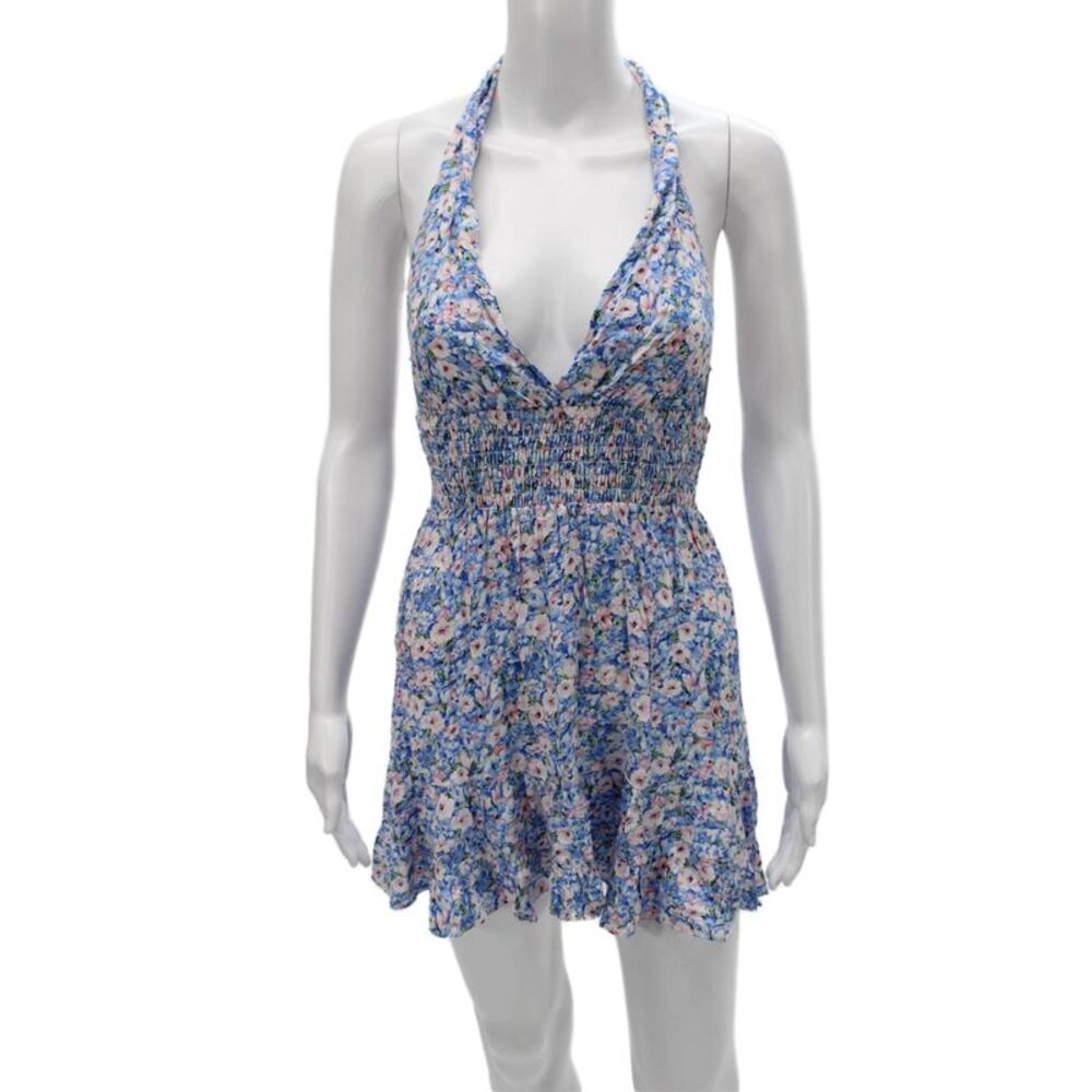 Rays for Days Womens Mini Floral Halter Dress Blue Rayon Size XS